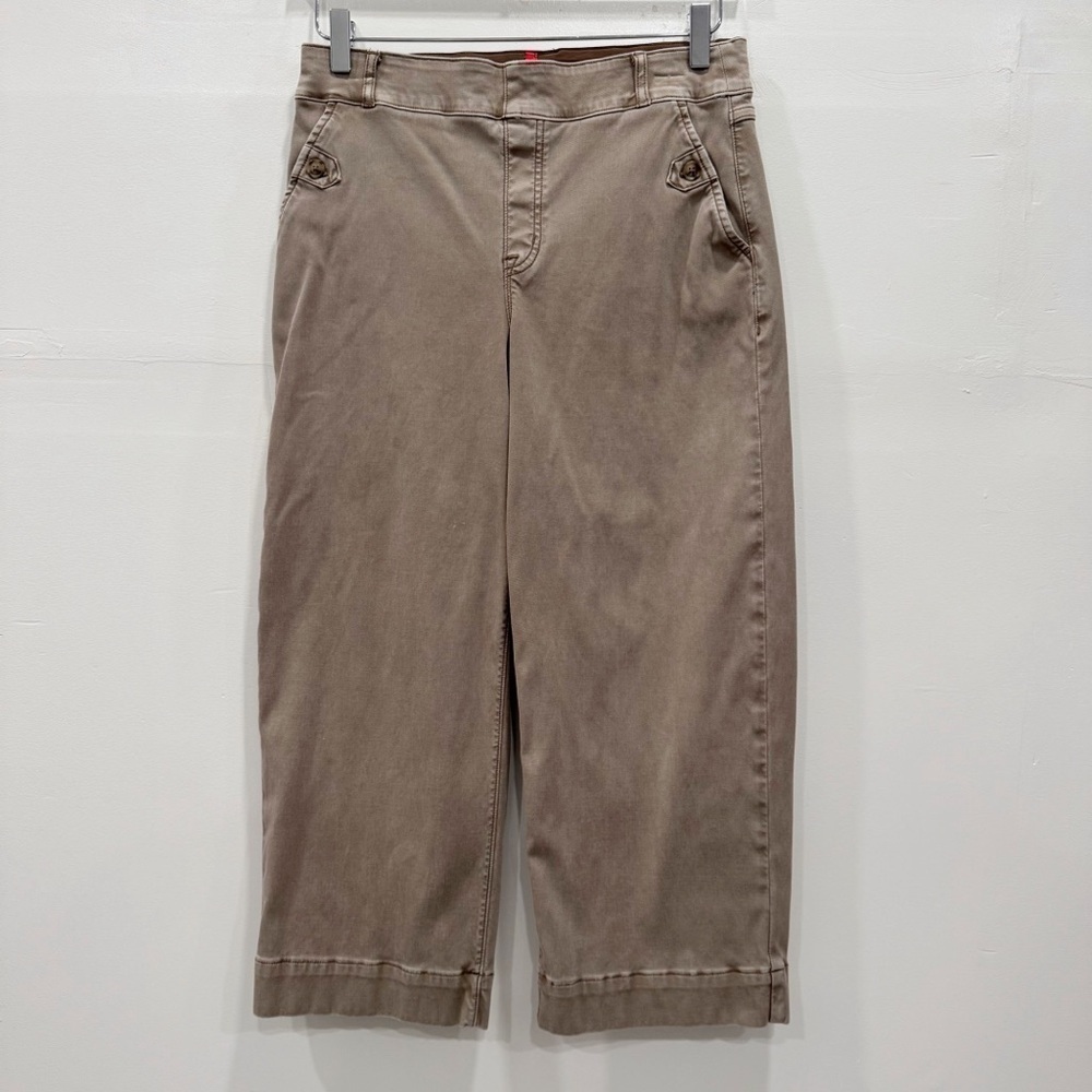 Spanx High Rise Stretch Twill Cropped Wide Leg Pants Tan Large